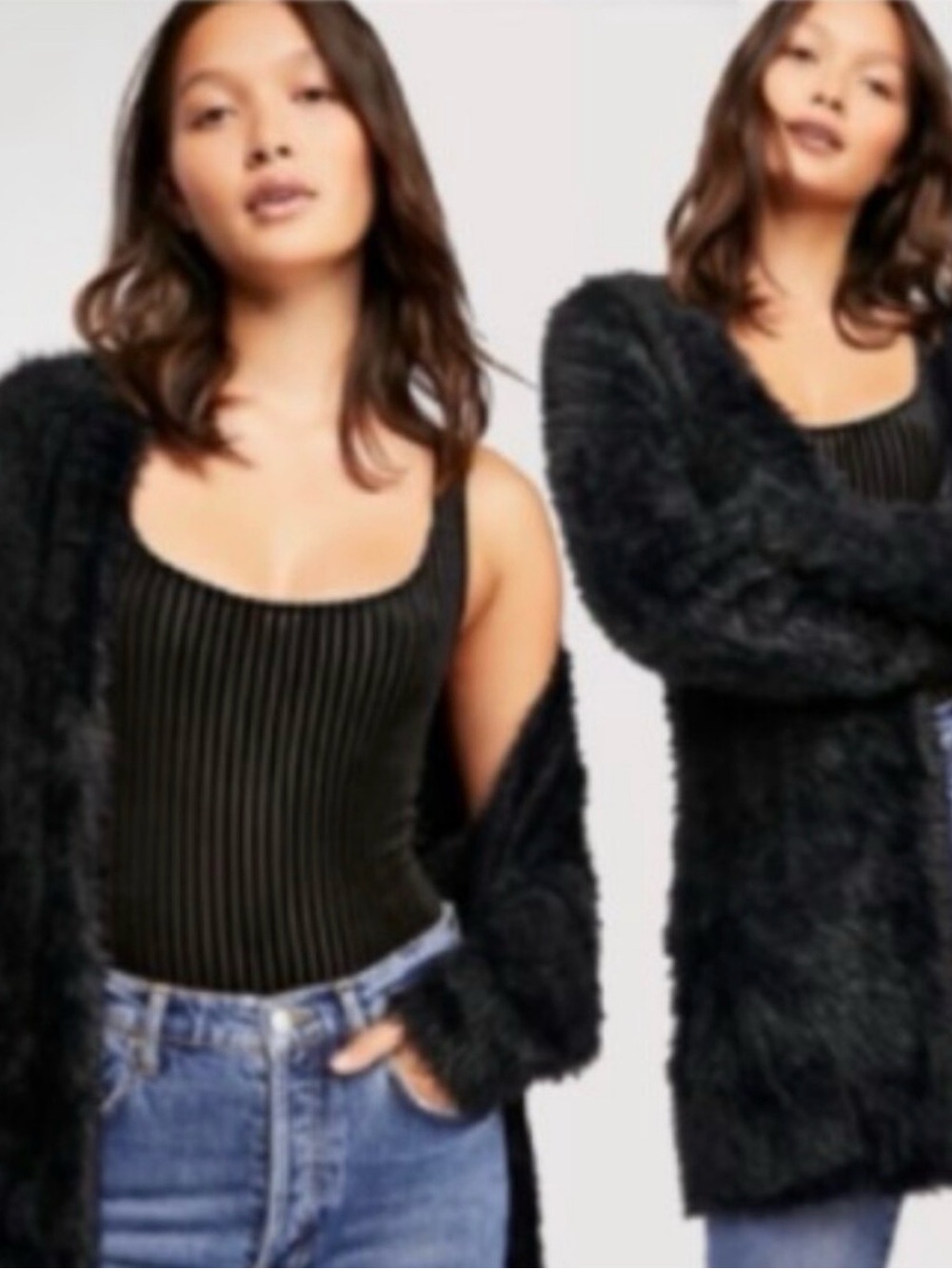 Free People Faux Fur Cardigan Black Shaggy Longline Open Front OB816577